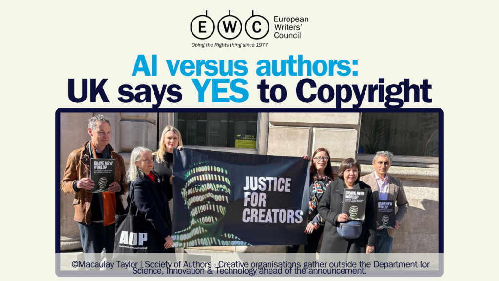 © Macaulay Taylor | Society of Authors - Creative organisations gather outside the Department for Science, Innovation & Technology ahead of the announcement.