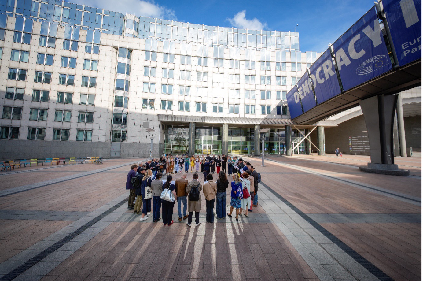 The present delegates of the EWC member associations from all over Europe are reading the statement in a public action in front of the European Parliament in Brussels, 13th June 2026. Picture: (c) eyecone